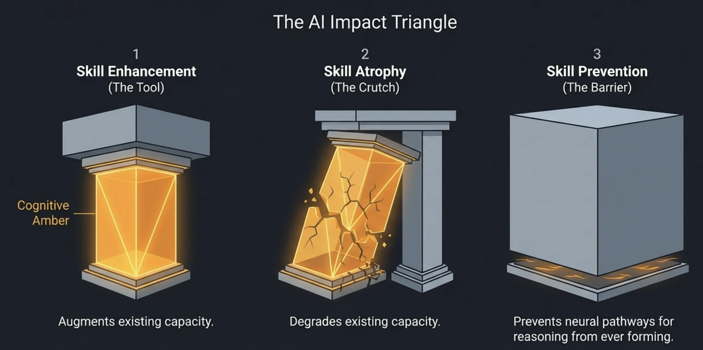 The AI Impact Triangle: skill enhancement as tool, skill atrophy as crutch, skill prevention as barrier