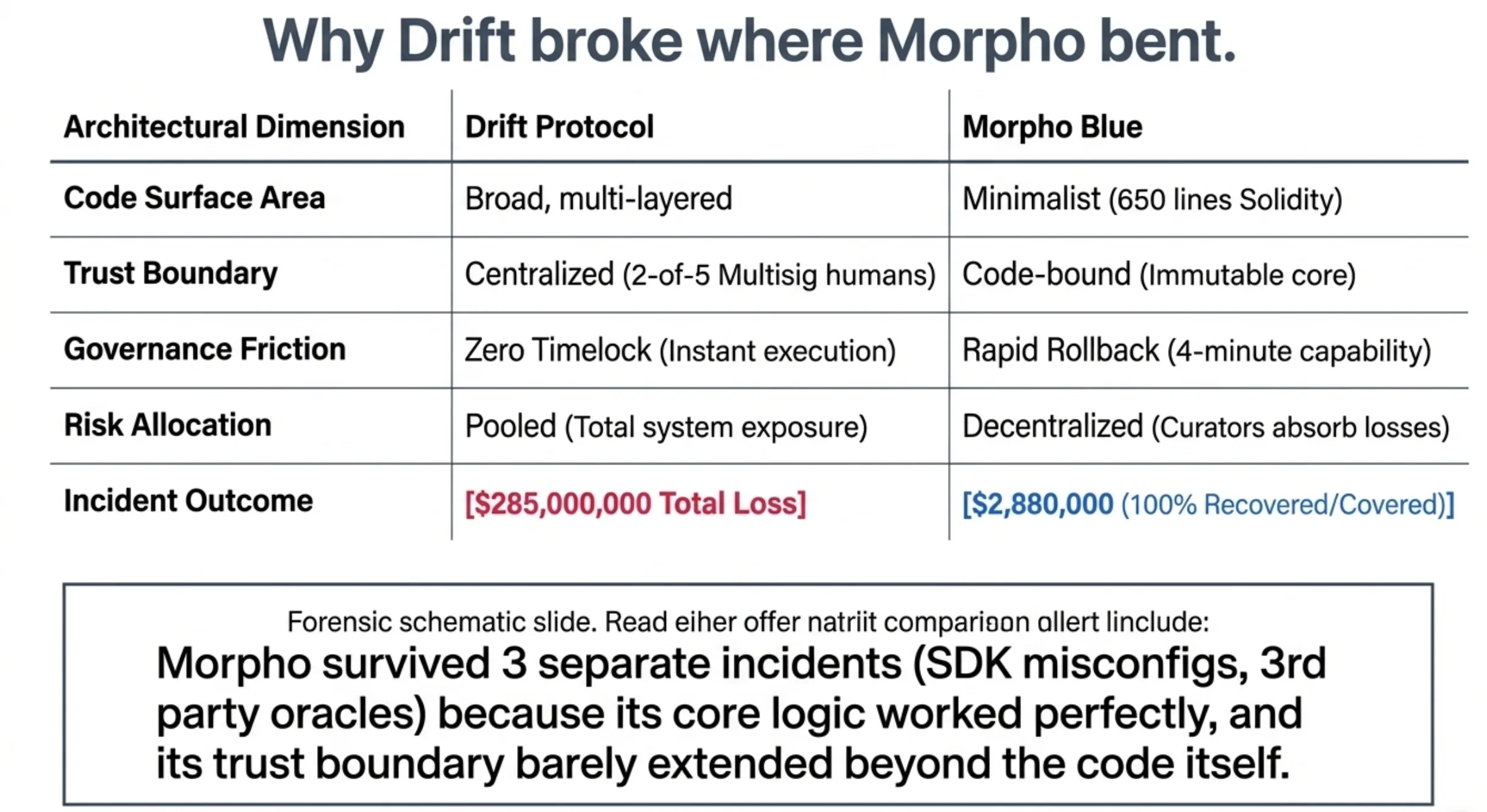 Why Drift broke where Morpho bent: architectural comparison across code surface area, trust boundary, governance friction, risk allocation, and incident outcome ($285M total loss vs $2.88M fully recovered)