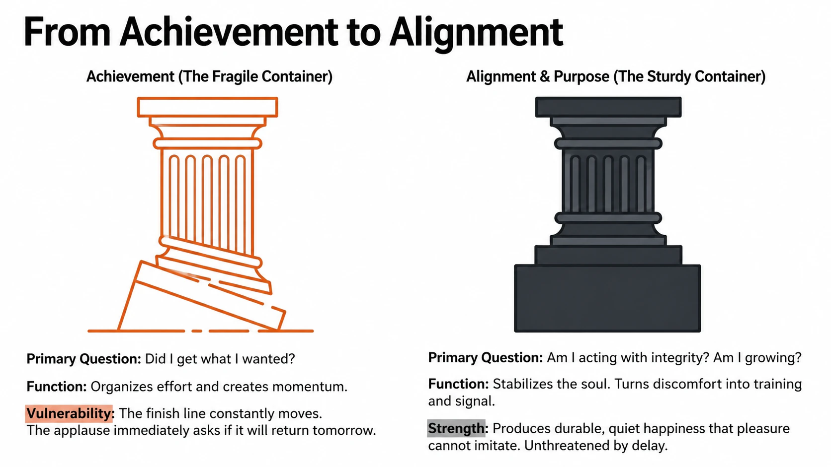 Achievement as a fragile container compared with alignment and purpose as a sturdy container.