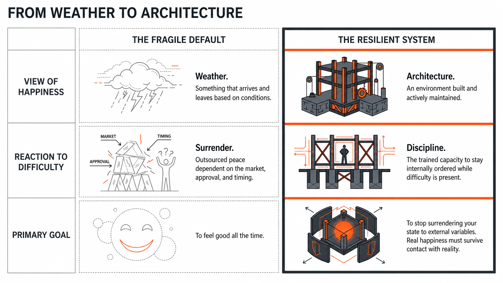 Weather treated as a fragile default compared with happiness built as resilient architecture.