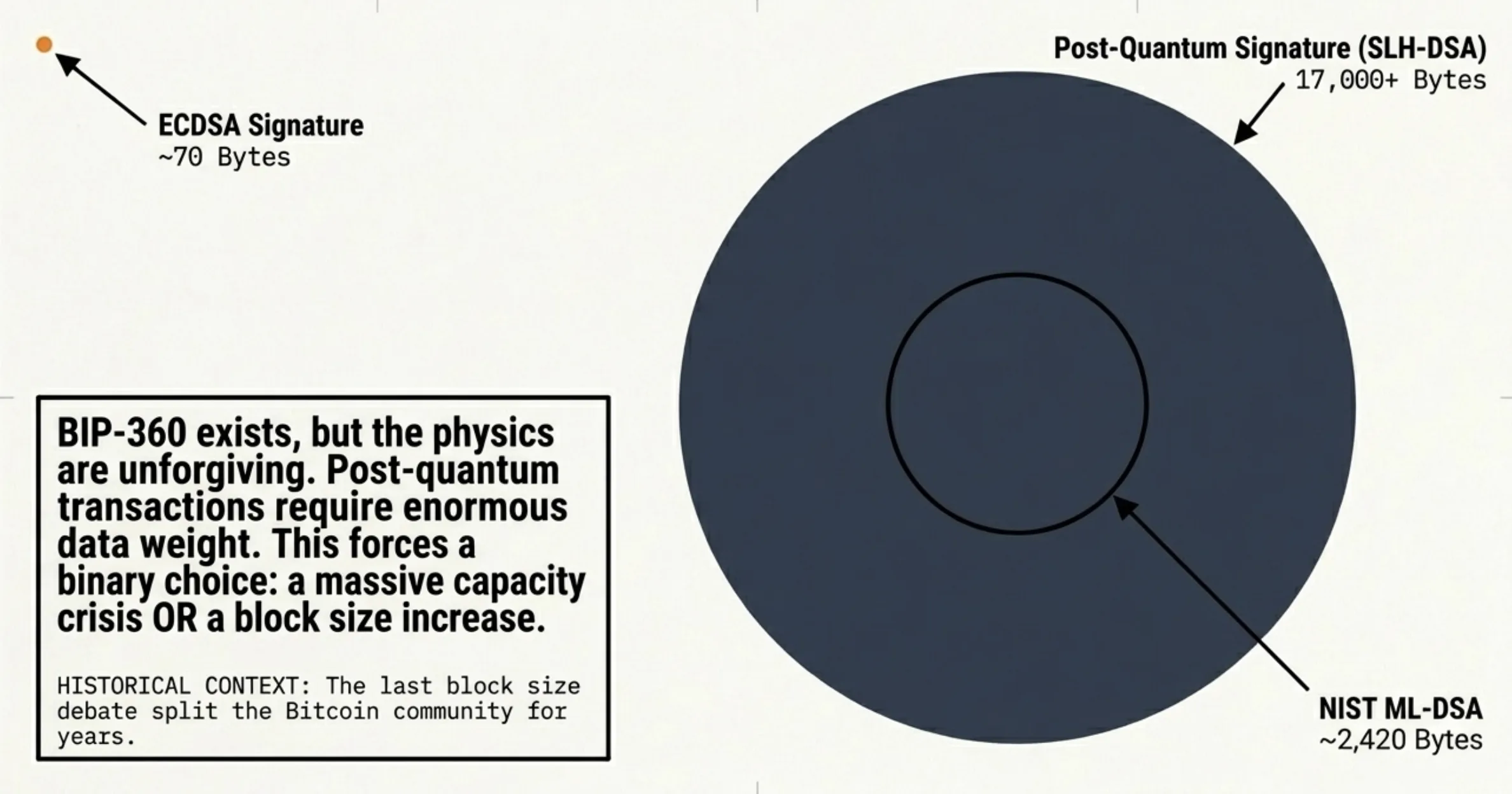 Post-quantum signature size: ECDSA at 70 bytes vs NIST ML-DSA at 2,420 bytes vs SLH-DSA exceeding 17,000 bytes