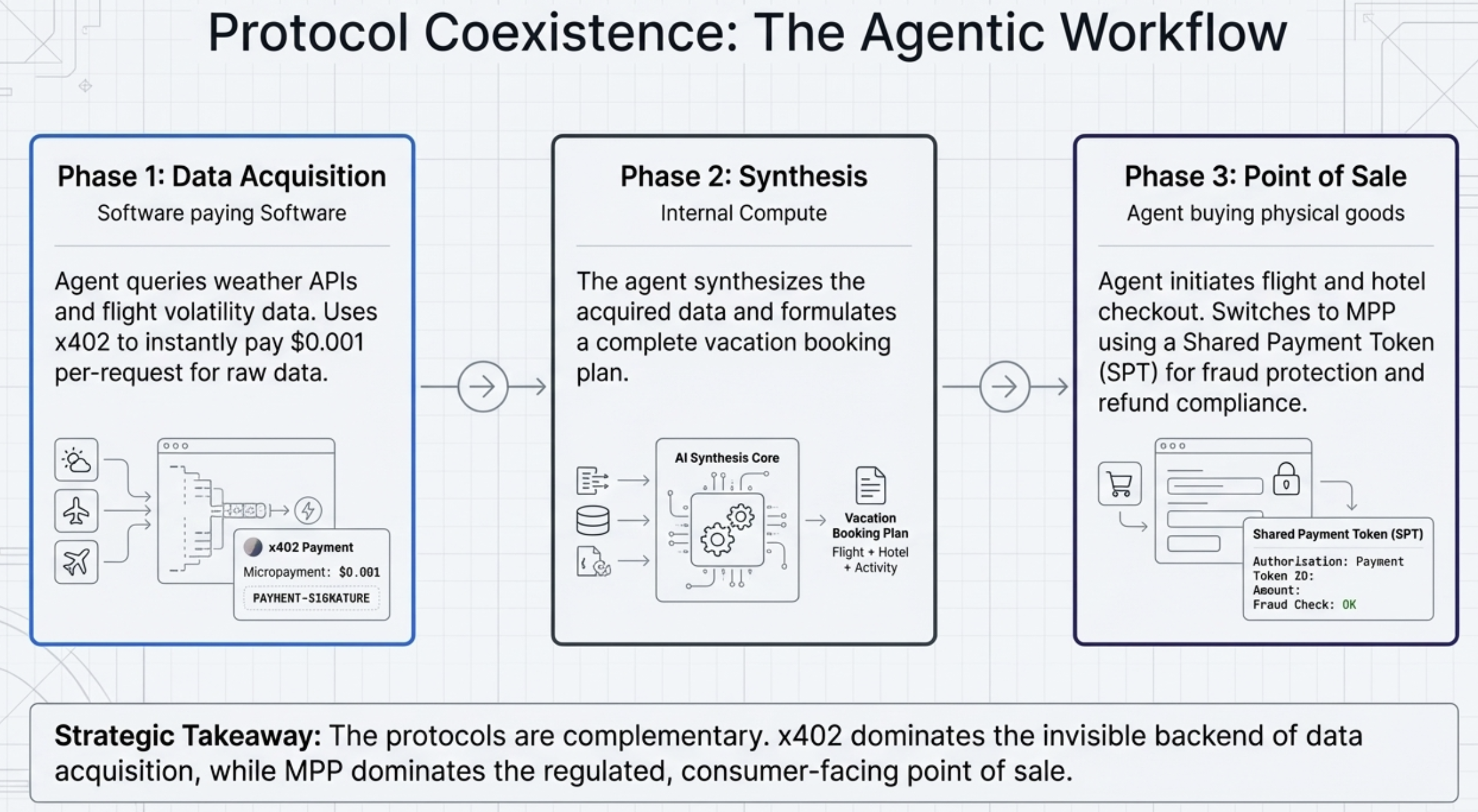 Protocol coexistence: the agentic workflow across data acquisition, synthesis, and point of sale phases