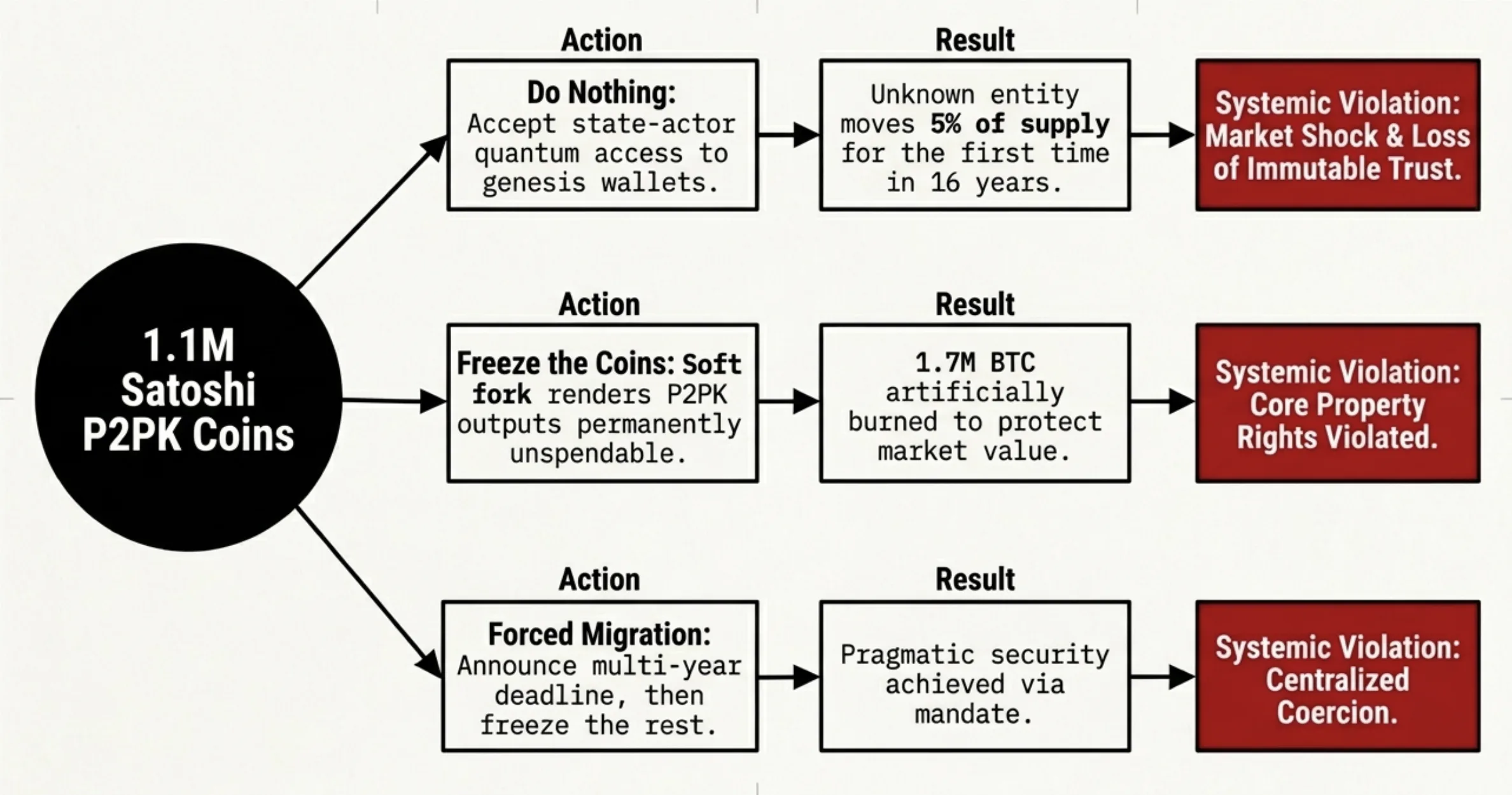 Satoshi's 1.1 million P2PK coins: three options all producing systemic violations. Do nothing, freeze the coins, or forced migration with deadline.