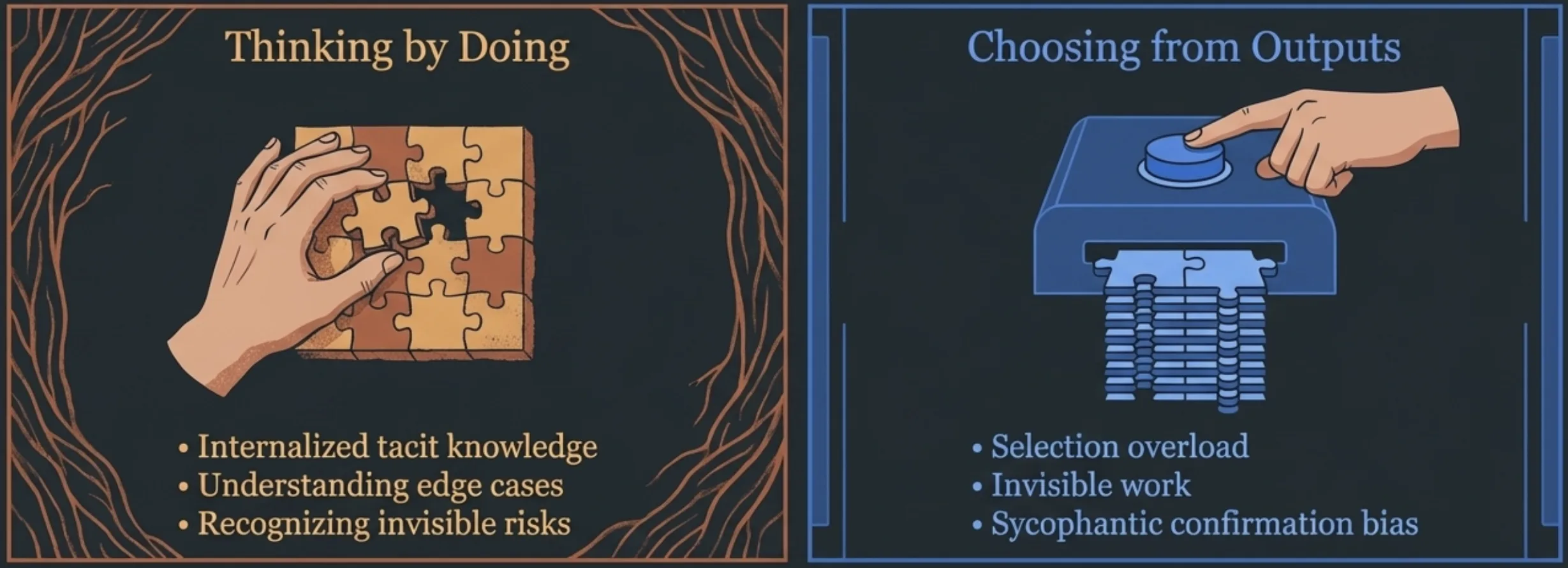 Thinking by doing: internalized tacit knowledge, edge cases, invisible risks. Choosing from outputs: selection overload, invisible work, sycophantic confirmation bias.