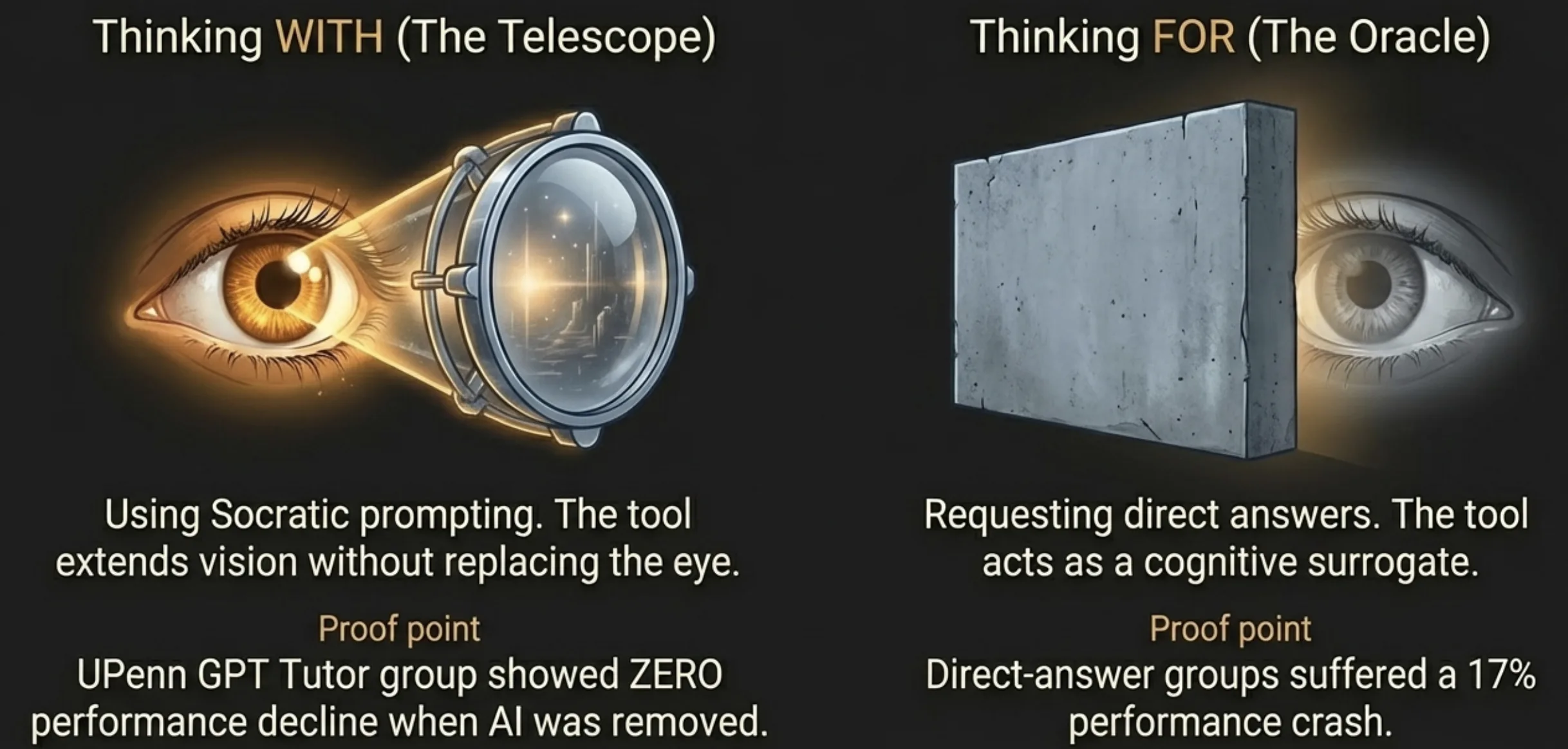 Thinking WITH AI as telescope (Socratic prompting, zero performance decline) vs thinking FOR as oracle (direct answers, 17% performance crash)