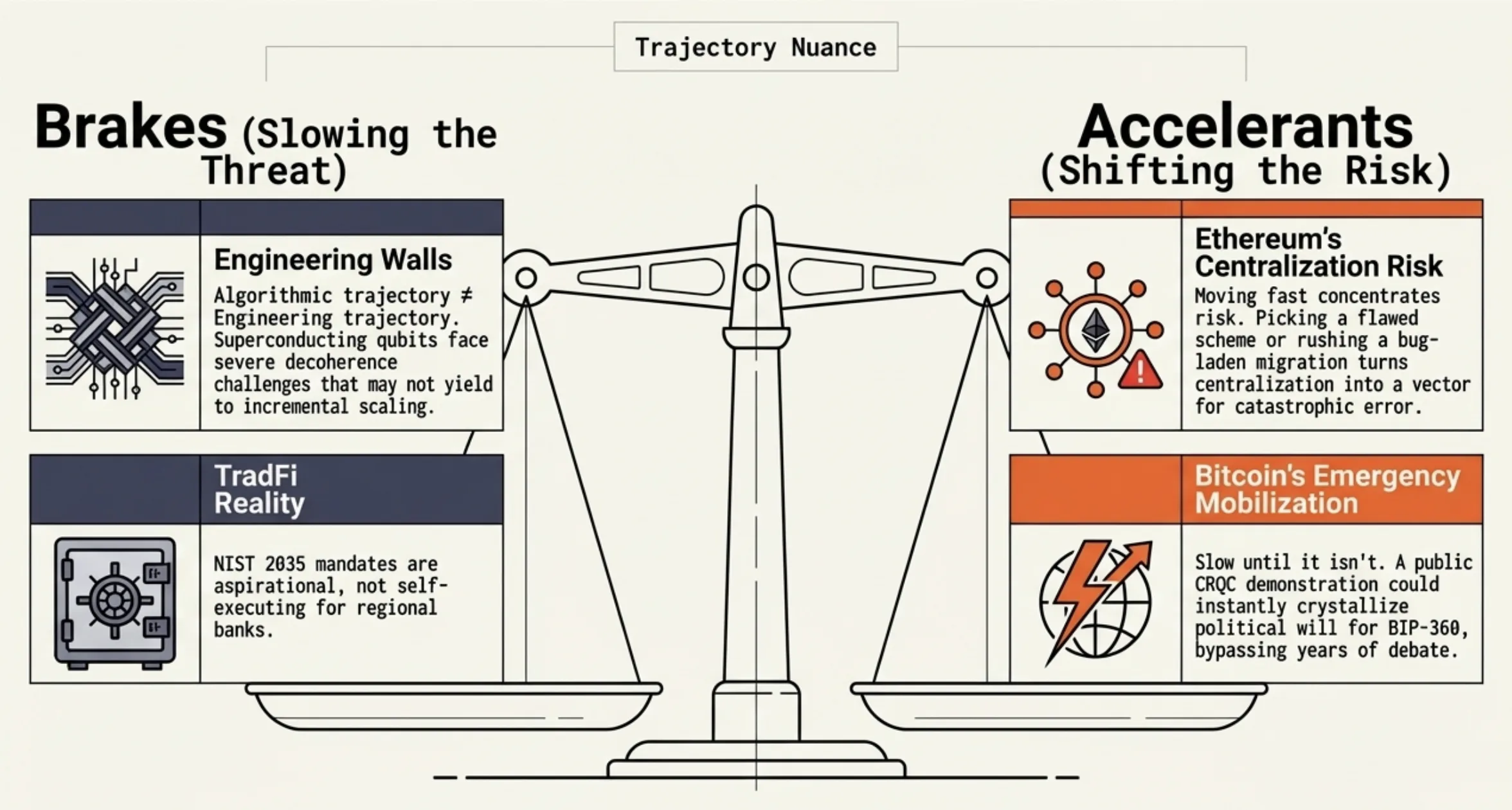 Trajectory nuance: brakes slowing the threat (engineering walls, TradFi reality) vs accelerants shifting the risk (Ethereum centralization, Bitcoin emergency mobilization)