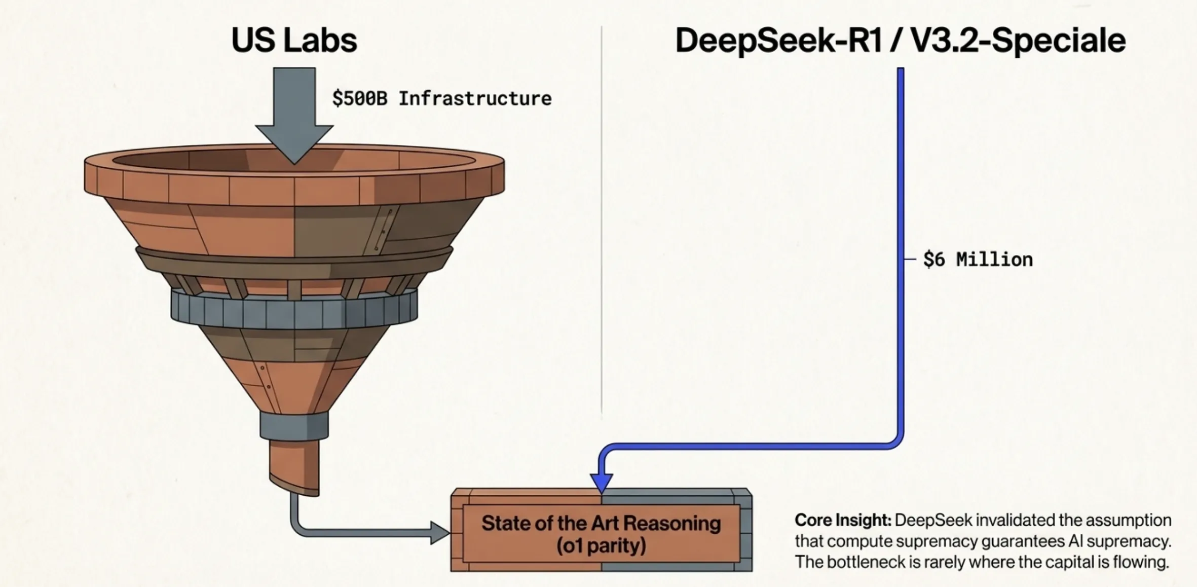 US labs $500B compute funnel vs DeepSeek $6M achieving the same state-of-the-art reasoning